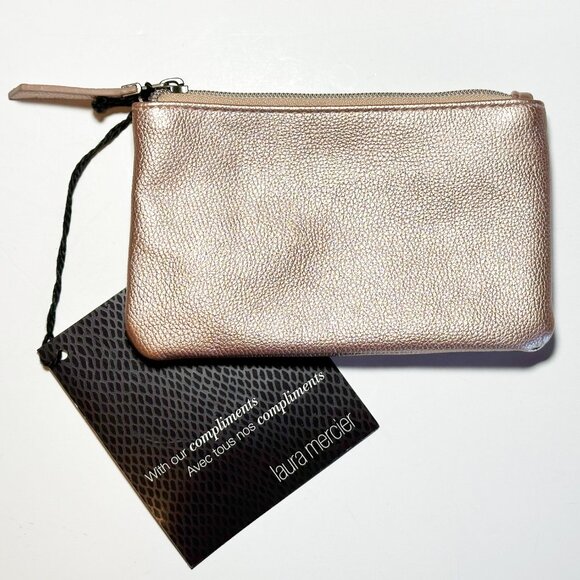 Laura Mercier Rose Gold Metallic Lined Cosmetic Bag Zipper Pouch - Picture 1 of 8